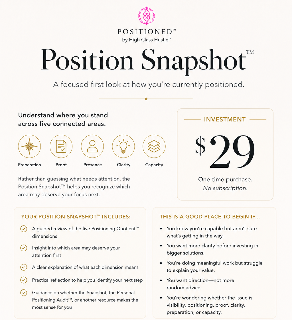 Position Snapshot product card describing a 29 dollar focused review of Preparation, Proof, Presence, Clarity, and Capacity.