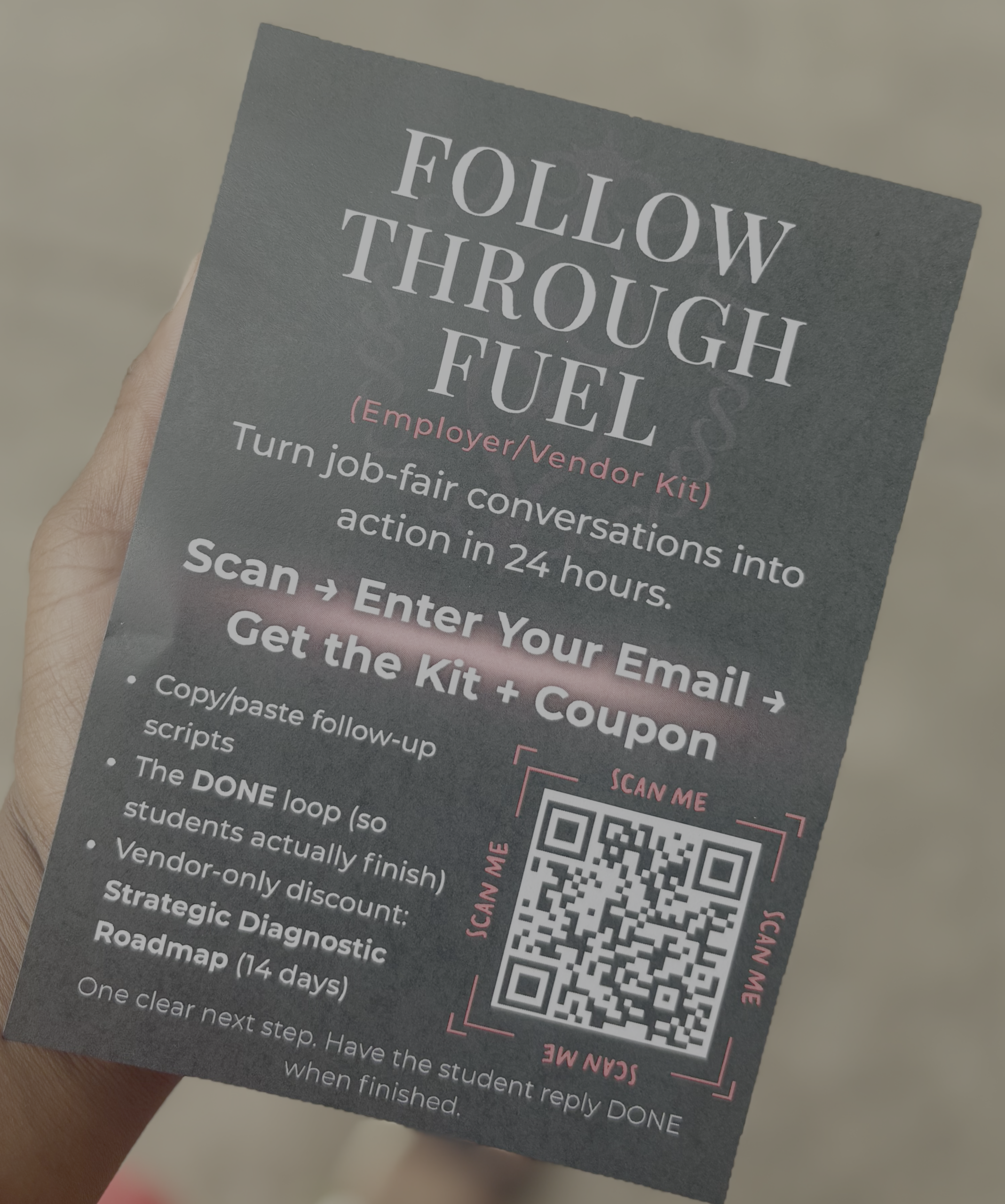 Front of the Follow-Through Fuel employer and vendor kit card with a QR code and practical follow-up resources.