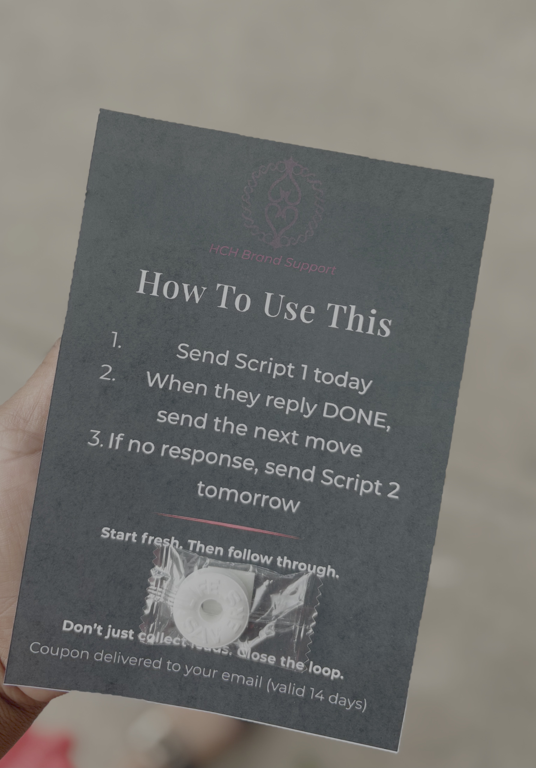 Back of the Follow-Through Fuel card with three follow-up steps and a wrapped mint attached.