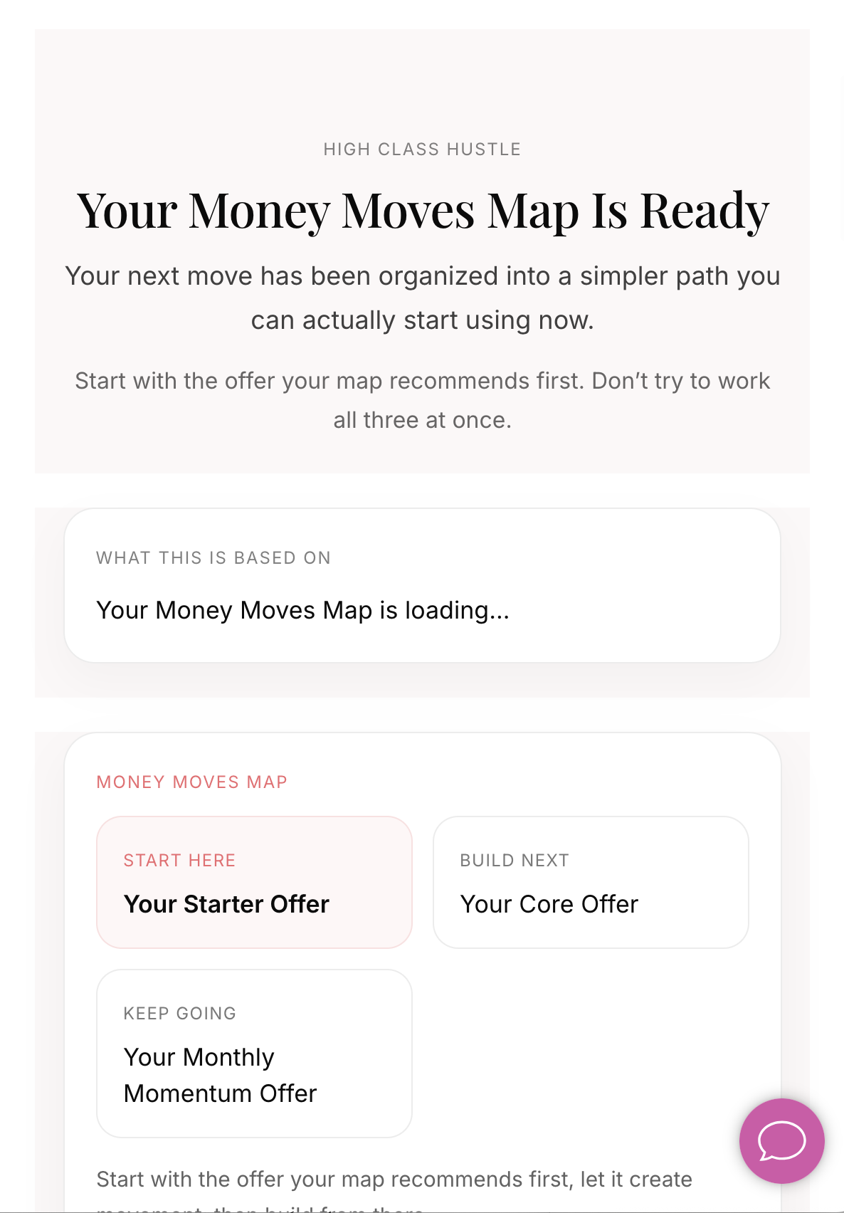 Money Moves Map showing a recommended starter offer, core offer, and monthly momentum offer.