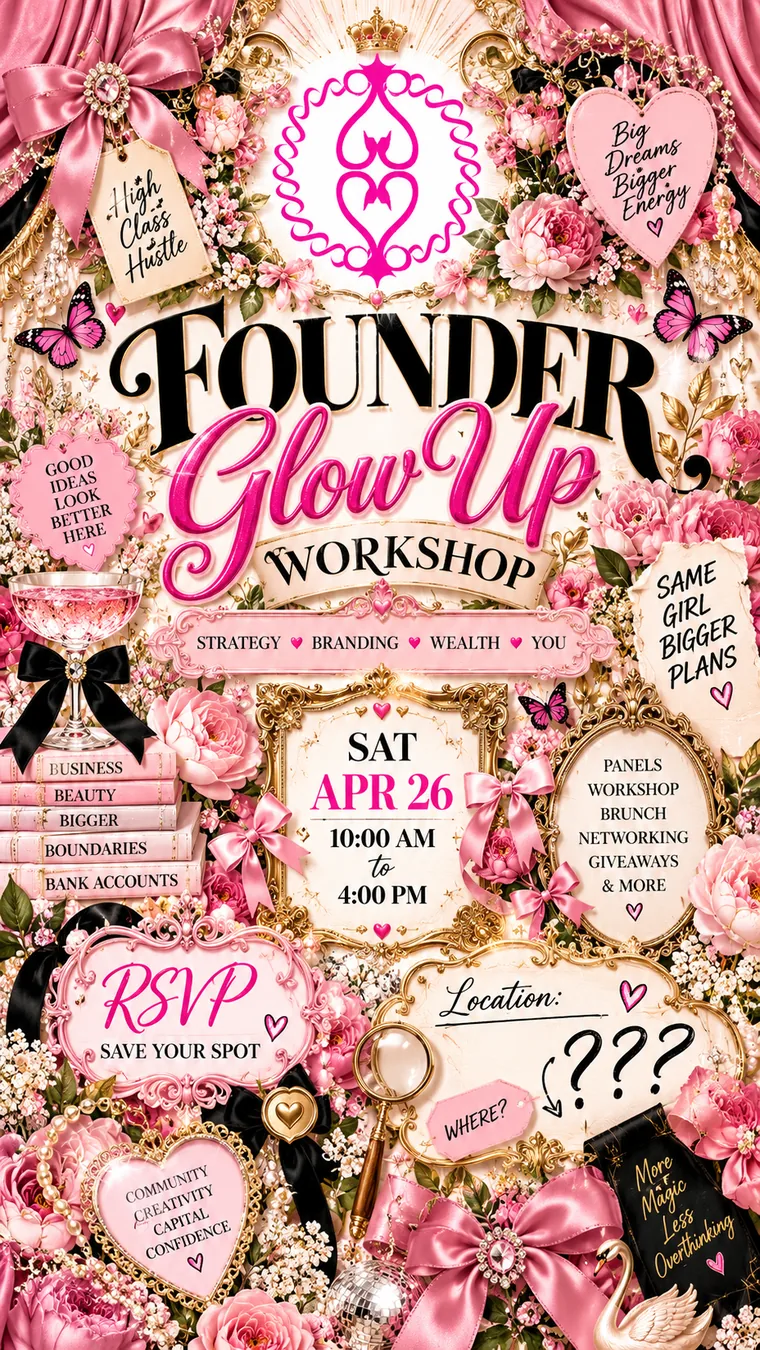 Overdecorated fictional Founder Glow Up Workshop flyer with florals, bows and an RSVP prompt; its precise street address is missing.