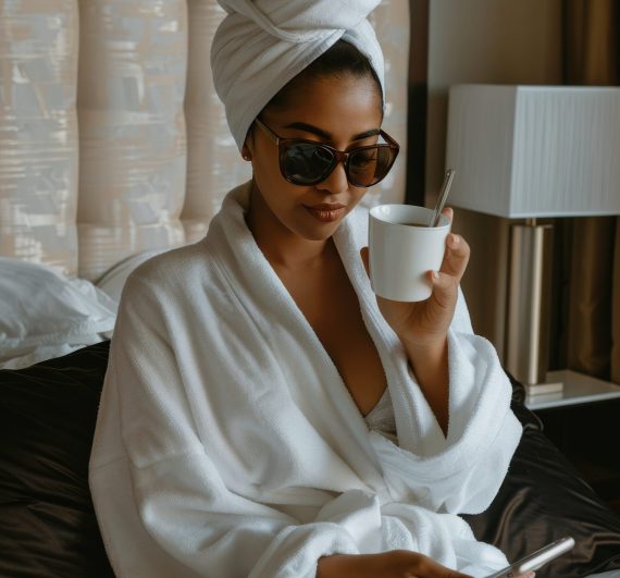 A woman sits on a bed with a towel wrapped around her head.